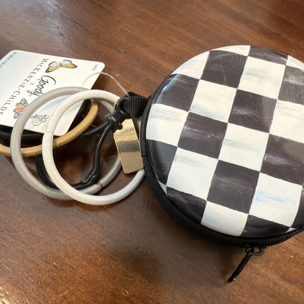 Goody & Mackenzie Childs Pink  Check Elastic Hair Ties and Zipper Pouch & Clip